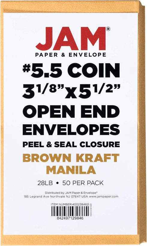 JAM PAPER #5.5 Coin Business Envelopes, Peel and Seal Closure, 50/Pack, Brown Kraft Manila, 3 1/8 x 5 1/2