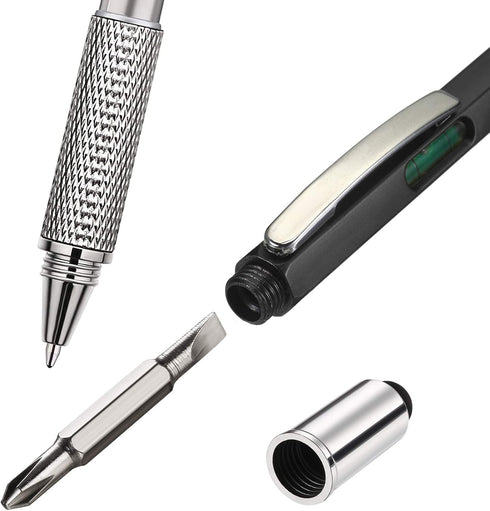 Zhanmai 16 Pieces 6 in 1 Multi Tool Gift Pen with Ruler, Level Gauge, Ballpoint Pen and Refills (Black, Silver)