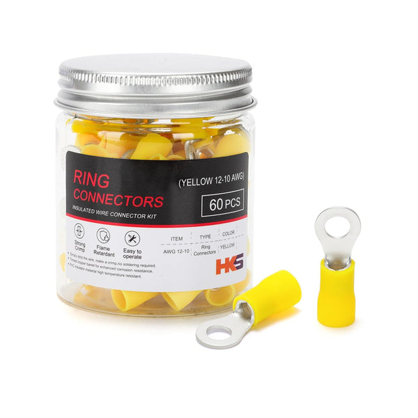 HKS 60PCS Insulated Ring Terminal #10 Yellow 12-10 AWG, Tinned Red Copper Electrical Connector Kit