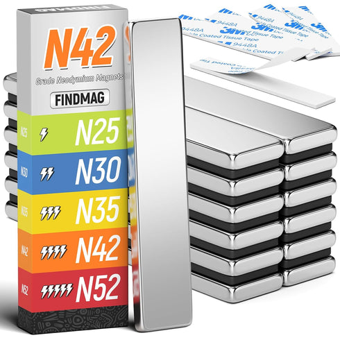 FINDMAG 12Pack Rare Earth Neodymium Magnets, Heavy Duty Bar Magnets with Double-Sided Adhesive
