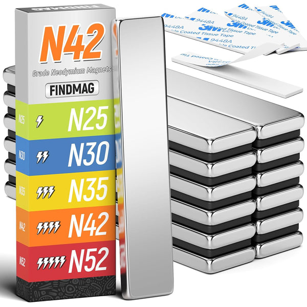 FINDMAG 12Pack Rare Earth Neodymium Magnets, Heavy Duty Bar Magnets with Double-Sided Adhesive