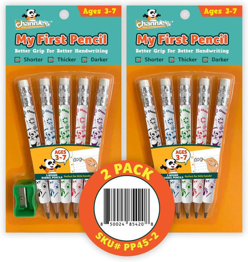 Channie's My First Pencil, Easy-to-Hold Jumbo Pencils for Kids Ages 3-7, White Wooden 2B Fat Pencils, 2 Pack + Sharpener