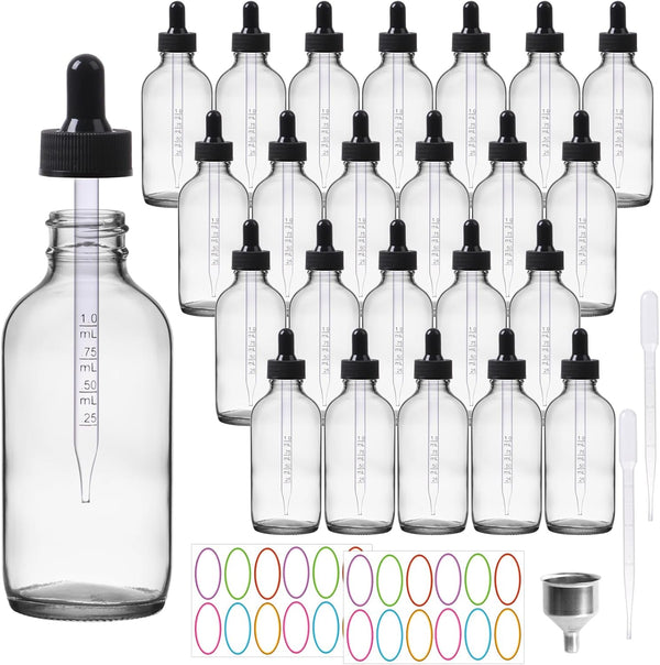 AuroTrends 4 oz Dropper Bottles, 24 Pack Transparent Glass Tincture Bottles with Dropper, Funnel & Stickers