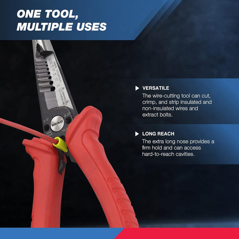 NEIKO 02038A 6-in-1 Wire Service Tool, 8-1/2" Length Gripper, Crimper, Stripper, Cutter, Extractor, Electrician Pliers