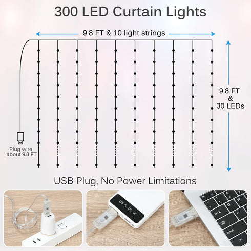 9.8ft 9.8ft 300 LED Curtain Lights, x LED Color Changing String Fairy Lights Curtain Smart APP Control, Music & Voice