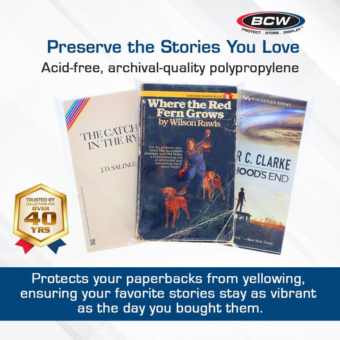 BCW Paperback Book Bags - 100-Pack, 5 x 7 3/8 Inches, Crystal Clear Polypropylene for Pocket Paperbacks