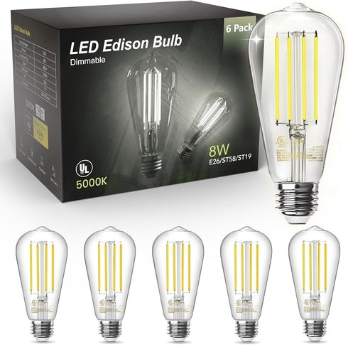 TJOY Edison Light Bulbs, 60W Equivalent, Dimmable Vintage LED, E26 Medium Base, 5000K Daylight, 6 Pack