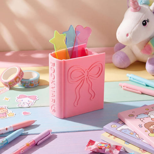 ForraFun 3D Printed Book Shaped Bookmark Holder Book Lover Gift Pink Bow Bookmark Holder Office Desk Supplies Funny
