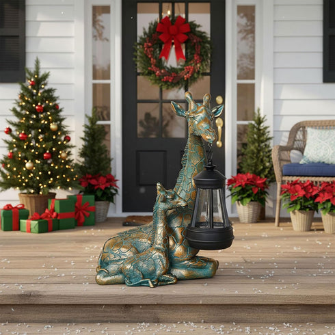 9.7" Solar Garden Decor - Mother Baby Giraffe Statue with Solar Lantern Resin Giraffe Figurine Outdoor Patio Yard Porch