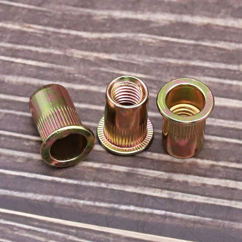 EASTLO M5 Metric Rivet Nuts, 100 Pcs, Carbon Steel Flat Head Threaded Inserts for Metal, Yellow Zinc Plated