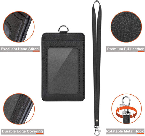 PU Leather ID Badge Holder, Life-Mate ID Badge Holder with Clear ID Window, Credit Card Slot, Black Lanyard