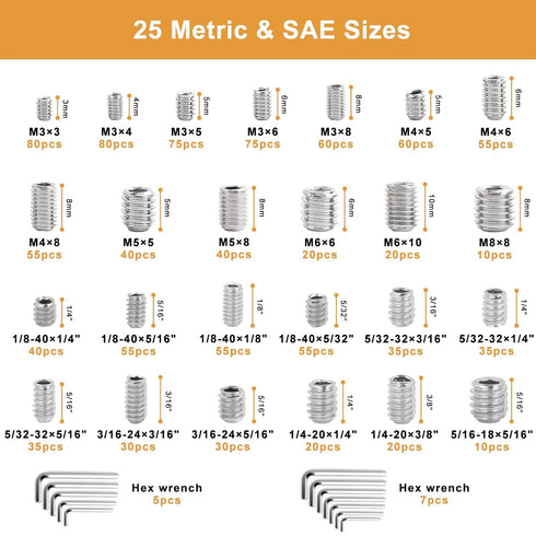 VIGRUE 1105PCS 25 Sizes Metric & SAE Set Screw Assortment Kit, 304 Stainless Steel, M3 to M8 and 1/8-40 to 5/16-18