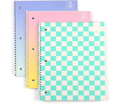 Yoobi Wide Ruled Spiral Notebook Set – 3-Pack of 1 Subject Notebooks, Bright Pink, Blue & Green Designs, 150 Sheets Each