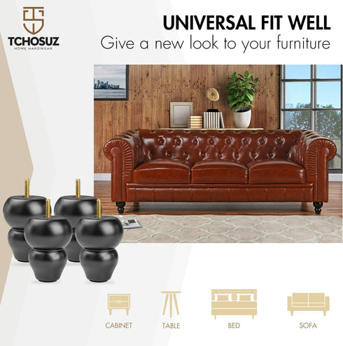 TCHOSUZ 4 inch 10cm Pack 4 M8 / Wooden Furniture Legs, of Classic Black Solid Wood Turned DIY Replacement Bun Feet