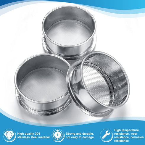 3 Pcs 304 Stainless Lab Sieves, 200 Mesh, 80 Mesh, 10 Mesh Aperture Test Sieve, 4 Inch Diameter Economy Test Sieve