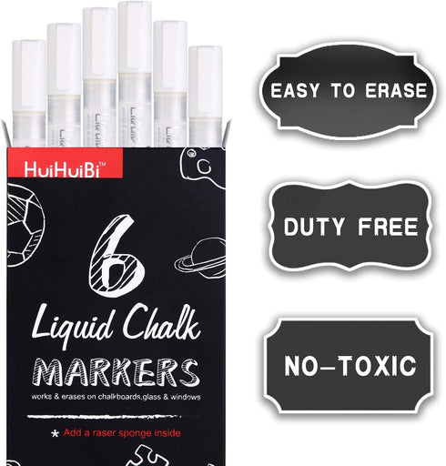 Liquid Chalk Markers for Chalkboards, 6 White Dry Erase Marker Pens for Signs, Windows, and Glass