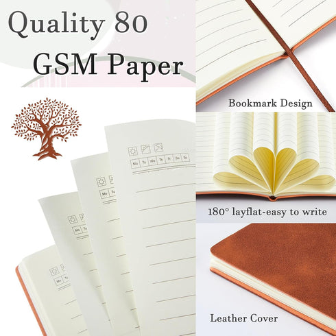 Lewtemi 2 Pcs Left Handed Notebooks, Life Tree Leather A5 5.5 x 8.07 Inch Lined Notebooks for Writing (Brown)