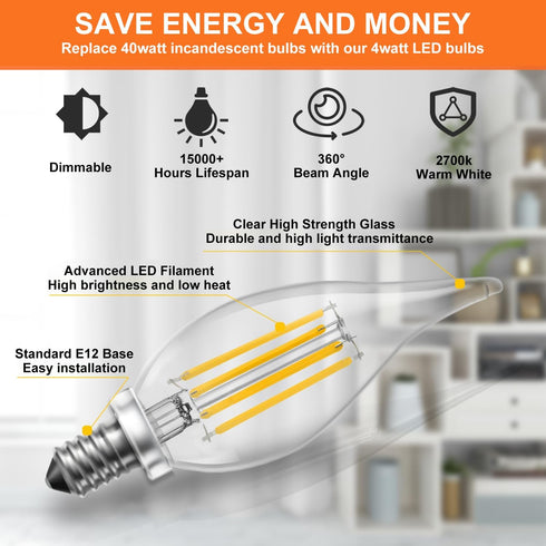 Rnyloas CA11 Dimmable Bulbs 2700k 4W 120V, 12 Pack CA11 Bulbs 40 E12 11 Bulbs Chandelier Light Warm White High Output