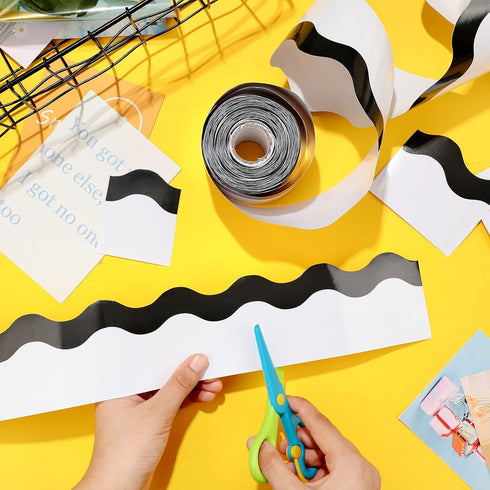 Black and White Bulletin Board Borders – Scalloped Wavy Line Board Trim for Desks, Lockers, Home School Classroom Decor