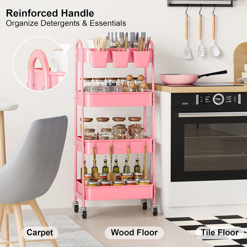 Recximi 4 Tier Rolling Cart Metal with Lockable Wheels, Four Tiered Pink Trolley Cart on Wheels, Utility Storage