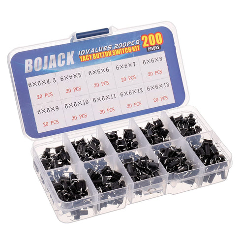 BOJACK 10 Values 200 Pcs 6x6 mm Tactile Pushbutton Switches - 4 Pin Momentary Push Button Switches Assortment Kit