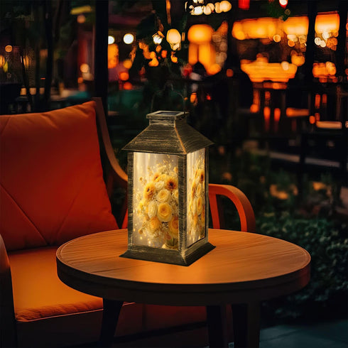 RAINFALLARING Solar Lantern Elegant Yellow White Rose Bouquet Sunflowers Glitter Accents Outdoor Waterproof Hanging