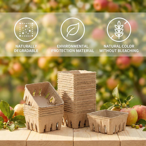QMNWJMR 15 Pack Natural Pulp Fiber Berry Basket, Small Vented Produce Baskets for Farmers Market Display, Fruit