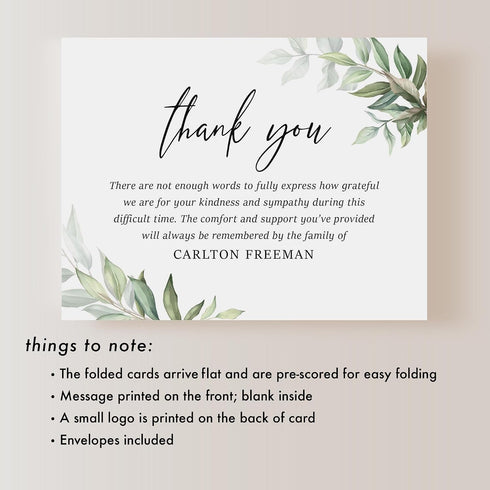 5.5x4.25 Folded Sympathy Thank You Cards - Greenery and Leaves Design, Personalized Memorial Notes, Custom Name Funeral