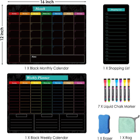 MaxGear Black Magnetic Calendar for Refrigerator, 16x12 - Monthly & Weekly Dry Erase Board with 7 Markers & Eraser
