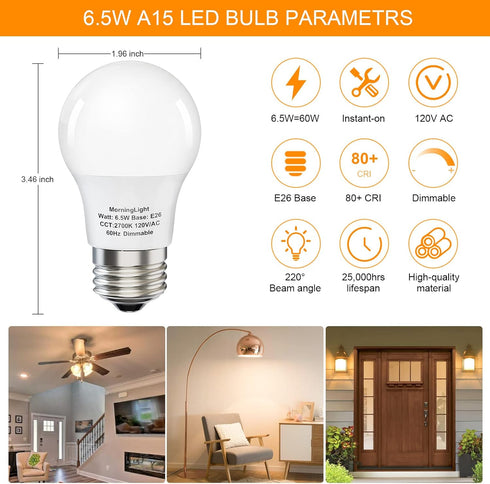 A15 LED Light Bulb, 6 Pack Dimmable 6.5W Equivalent 60 Watt, 2700K Warm White, 600LM for Pendant, Hallway Fixtures, 120V