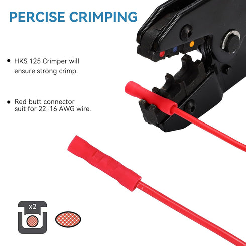 HKS 200 PCS Vinyl Insulated Butt Connector, Red 22-16 AWG, Tinned Red Copper Electrical Connectors