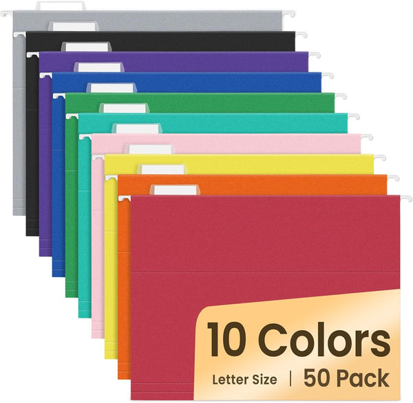 SUNEE Hanging File Folders, 50 Pack, Letter Size with 1/5-cut Tabs, 10 Assorted Colors