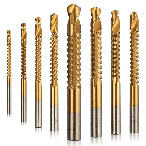 Rocaris 8 Pack HSS Twist Drill Bits, Titanium Coated 3-10mm Serrated Side Cutting Tools for Wood Plastic Metal Holes