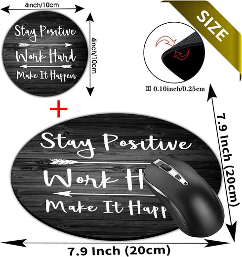 Round Mouse Pad and Coaster Set, Rustic Black Old Wood Art Mousepad with Inspirational Quotes - Non-Slip Rubber Base