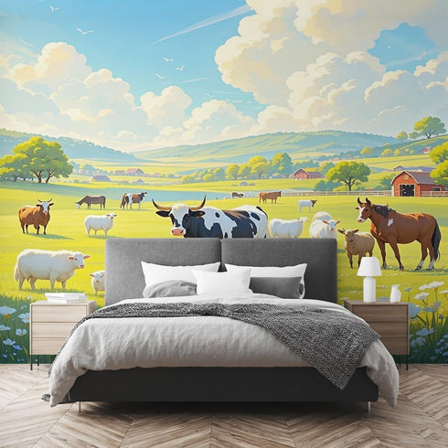 MazoAzuria Farm Animal Mural, Dairy Cow Sheep Horse Wallpaper for Living Room, Nature Landscape Wall Murals for Bedroom