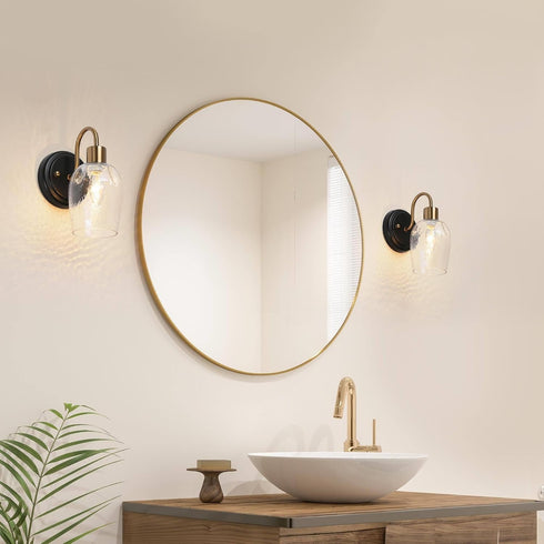 1-Light Durent Lighting Gold Glass Wall Sconce, Modern Black Bathroom Wall Lamp