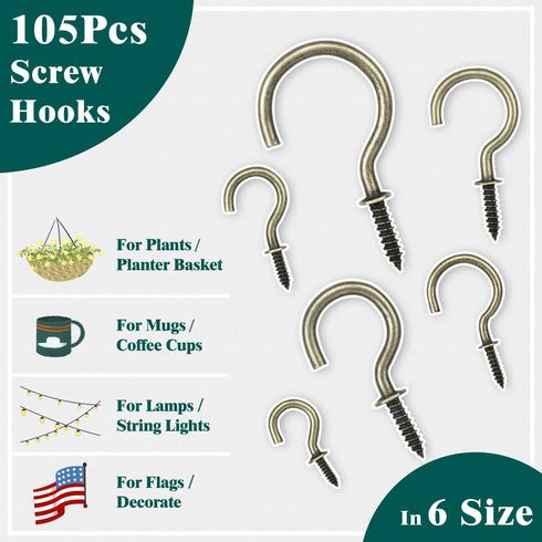 105 Pcs Screw Hooks in 6 Sizes - Bronze Cup Hooks for Hanging, Metal Screw Hooks (1/2" to 1-1/4")