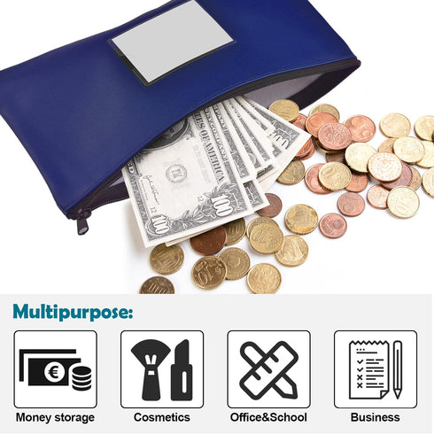 6 Pack 11.25"x6.25" Set Blue Money Bags with Zipper, Bank Deposit Bags, Durable Leatherette Cash Pouch for Business