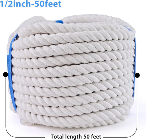 MKMJ 1/2in 50ft White Cotton Rope Natural Twisted,Available as Used for Tug of War, Navigation, Fitness and Making