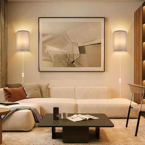 Set 2, 3-Color (3000K/4000K/6000K), Wall Sconces of Plug in Wall Sconces with On/Off Switch, Selectable Fabric Linen