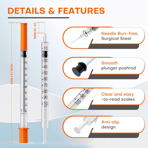 U-100 1mL/cc 29G 1/2" (12.7mm) Pack 100 Lab Syringes with Needle, Disposable Syringes, Individually Wrapped