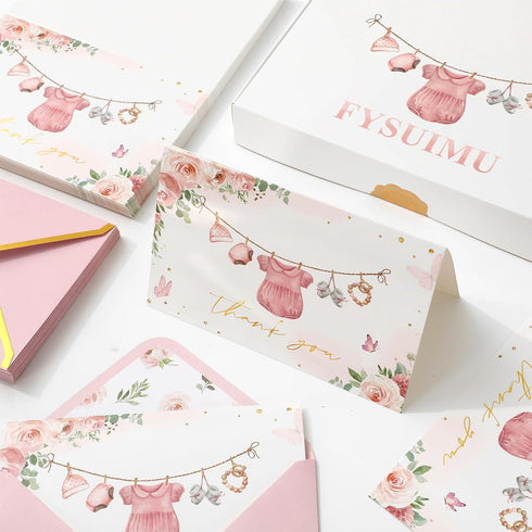 50 Pack 4 6 Inch FYSUIMU Baby Shower Thank You Card Pink Floral Clothes Greeting Card Foil Gold Flower Boxed Blank Note
