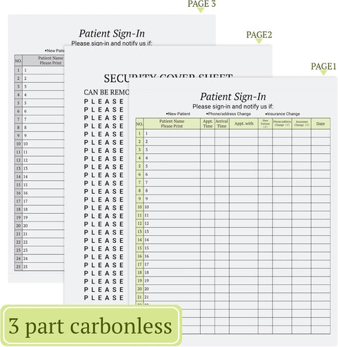 125 Patient Sign in Sheets, HIPAA Compliant, 3 Part Carbonless Forms for Medical Offices, 3125 Labels