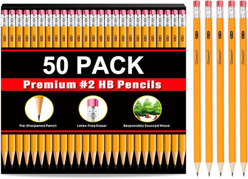 Gloween Wood-Cased #2 HB Pencils Bulk - 50 Pack Pre-Sharpened Yellow Pencils for Office School Supplies