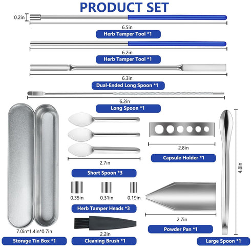 Artcome 15 PCS Versatile Capsule Filling Tool Kit for Pill Filler - Lab Scoops, Powder Pan, Herb Tamper and Capsule Holder - Ideal Tools for Medication and Supplements - All Sizes 000 00 0 1 2 3 4 5
