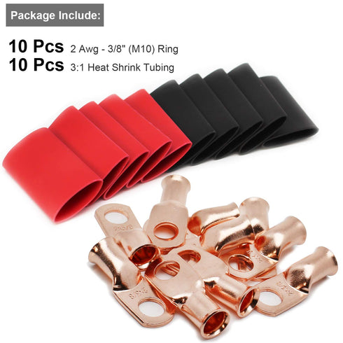 TKDMR 10pcs Heavy Duty 2 AWG-3/8 Battery Lugs, Ring Terminals, Battery Cable Ends with 10pcs Heat Shrink Tubing