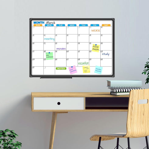 JILoffice Magnetic Dry Erase Calendar Whiteboard - Monthly 24 x 18 Inch, Black Aluminium Frame for Office & Home