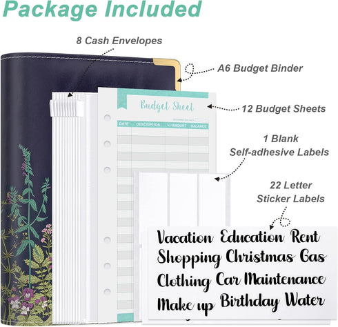 Rnivvi Budget Binder with Floral Zipper Envelopes, A6 Cash Envelopes for Budgeting, PU Leather Money Organizer for Women
