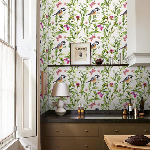 REDAMANCY Watercolor Meadow Green Grass Leaf Flowers Plants Birds Purple Butterfly Peel and Stick Wallpaper Stick on