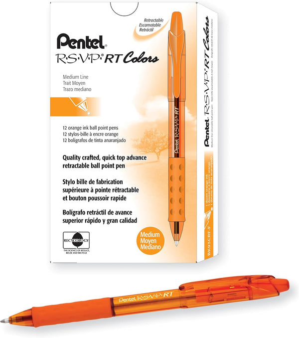 Retractable Ballpoint Pen, 1.0mm Medium Line, Orange Ink, Box of 12 by Pentel RSVP RT Colors